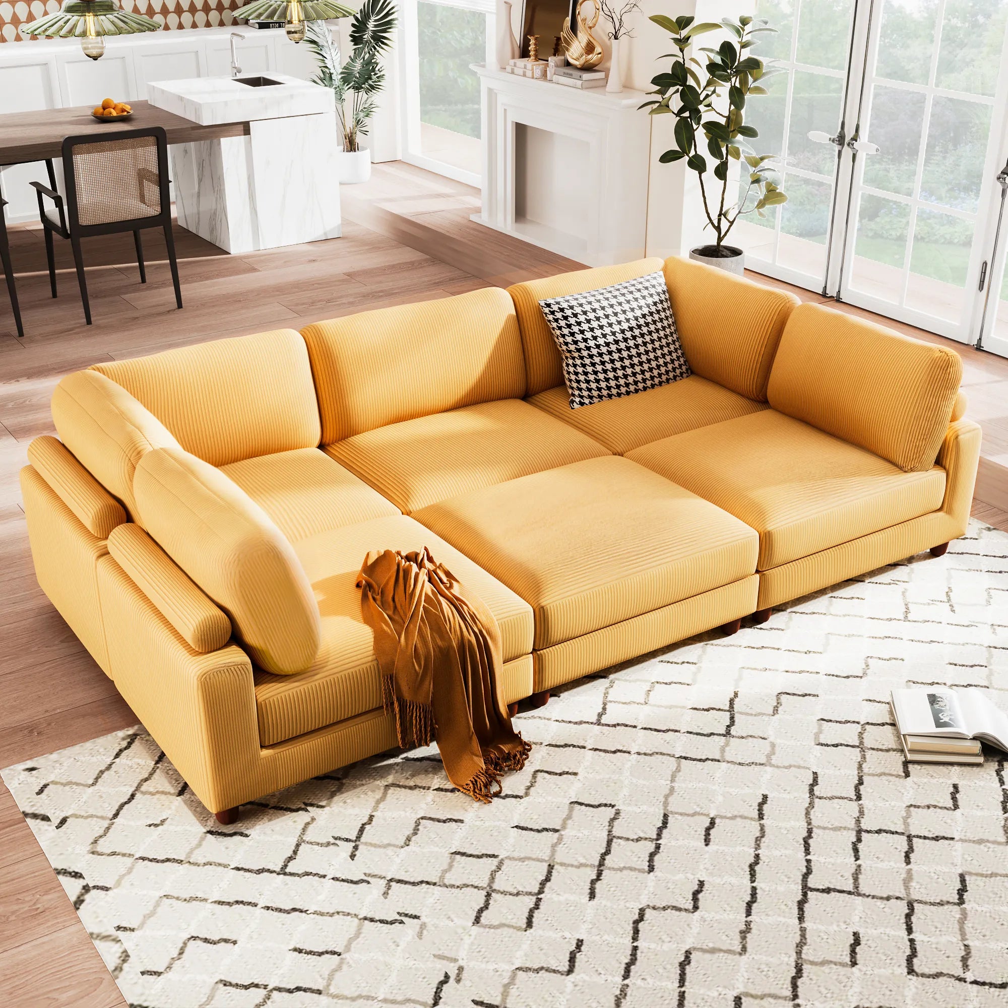 Large U-Shaped Sectional, Corduroy Couch with Ottoman, Yellow
