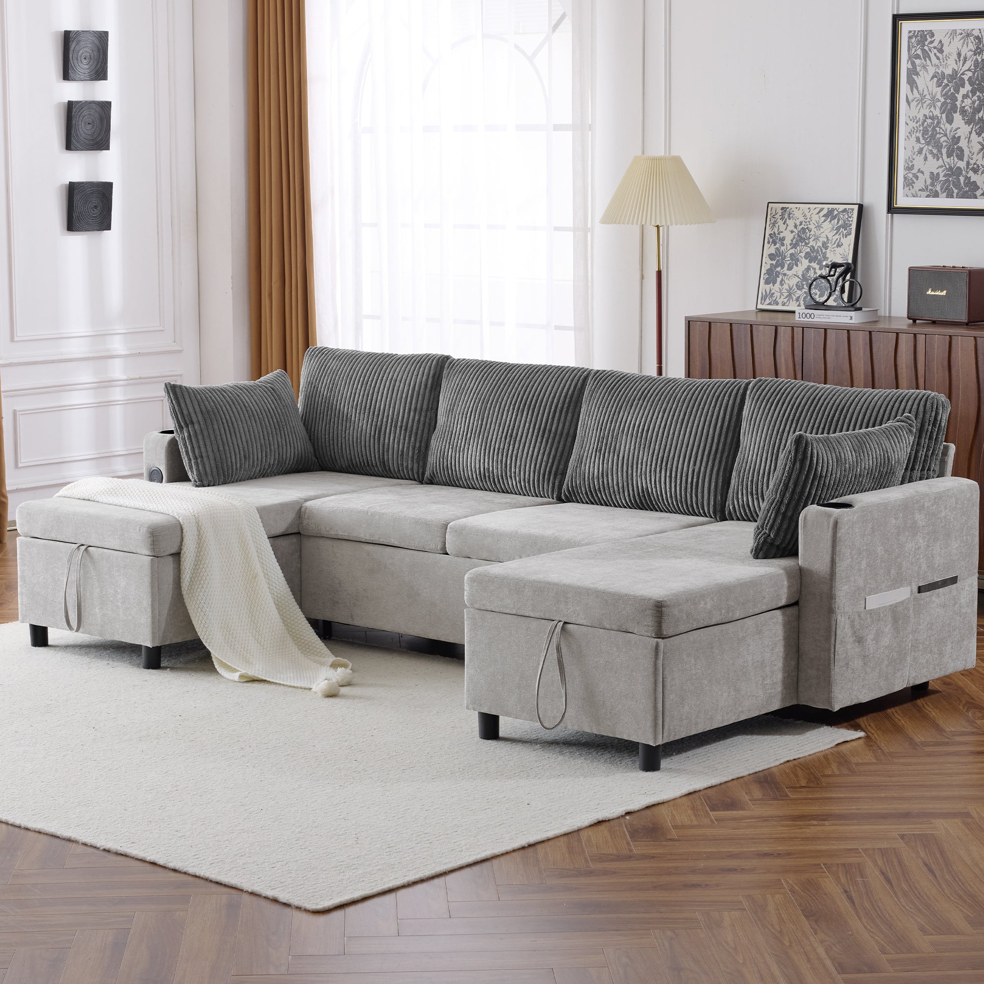 Corduroy Couch with Chaise Sleeper, Sectional Sofa Pull-Out, Grey
