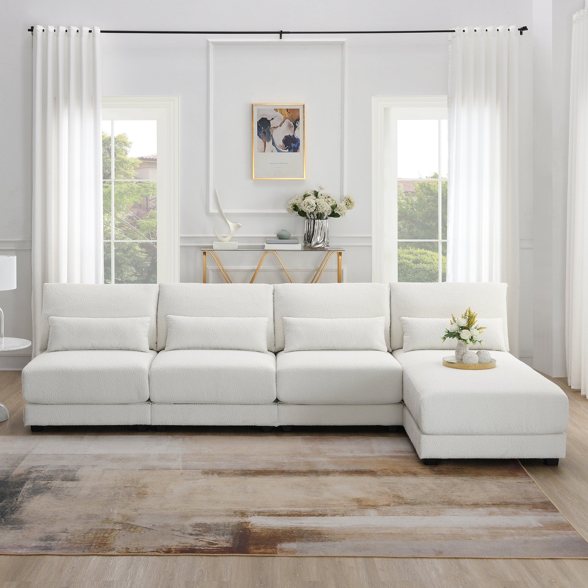 L Shape Couch, Deep Seat Sectional Sofa with Reversible Chaise, Cream