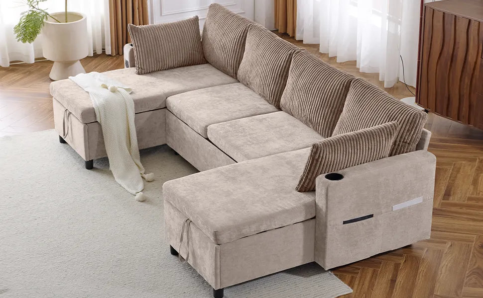 Corduroy Couch with Chaise Sleeper, Sectional Sofa Pull-Out, Brown