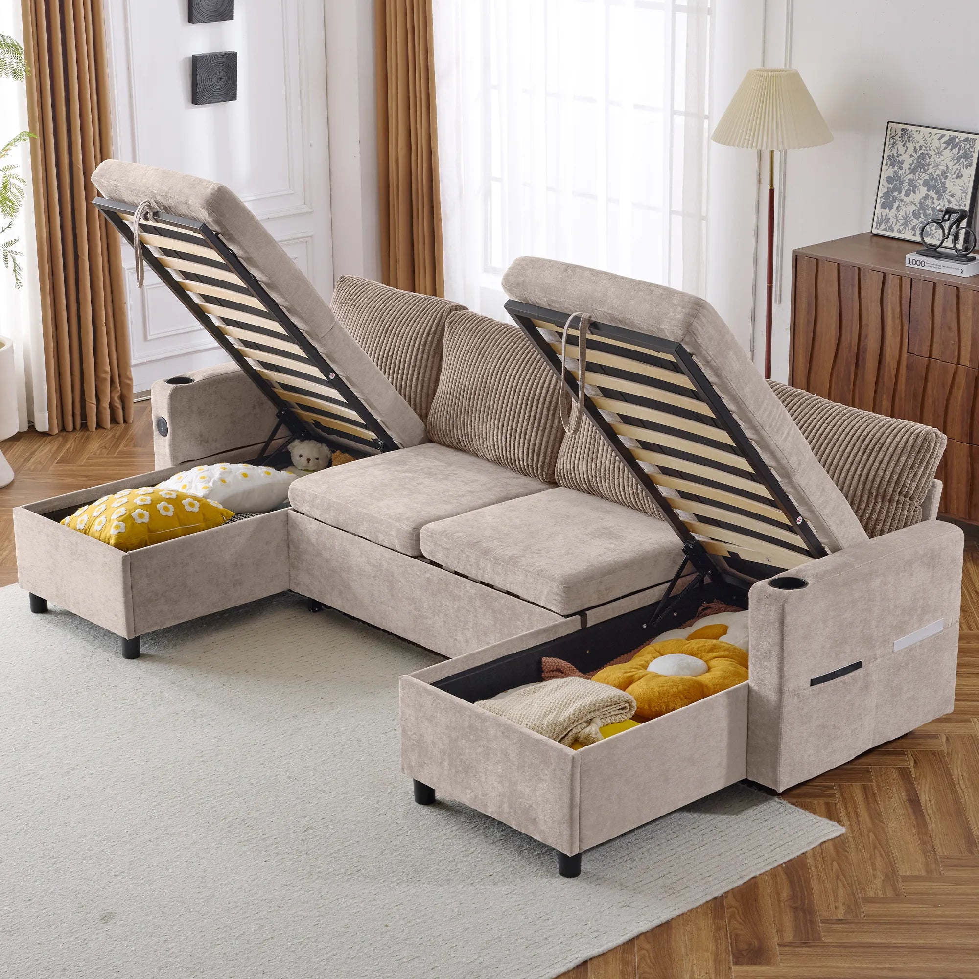 Corduroy Couch with Chaise Sleeper, Sectional Sofa Pull-Out, Brown