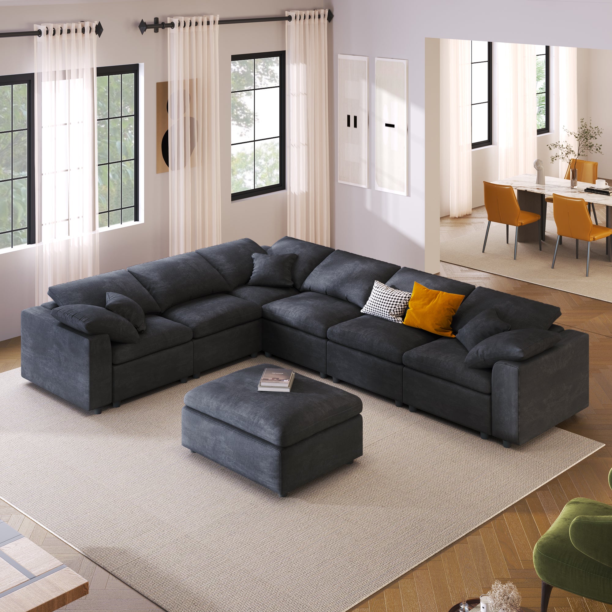 Large Modular Couch, U Shaped Sectional Sofa with Ottoman, Grey