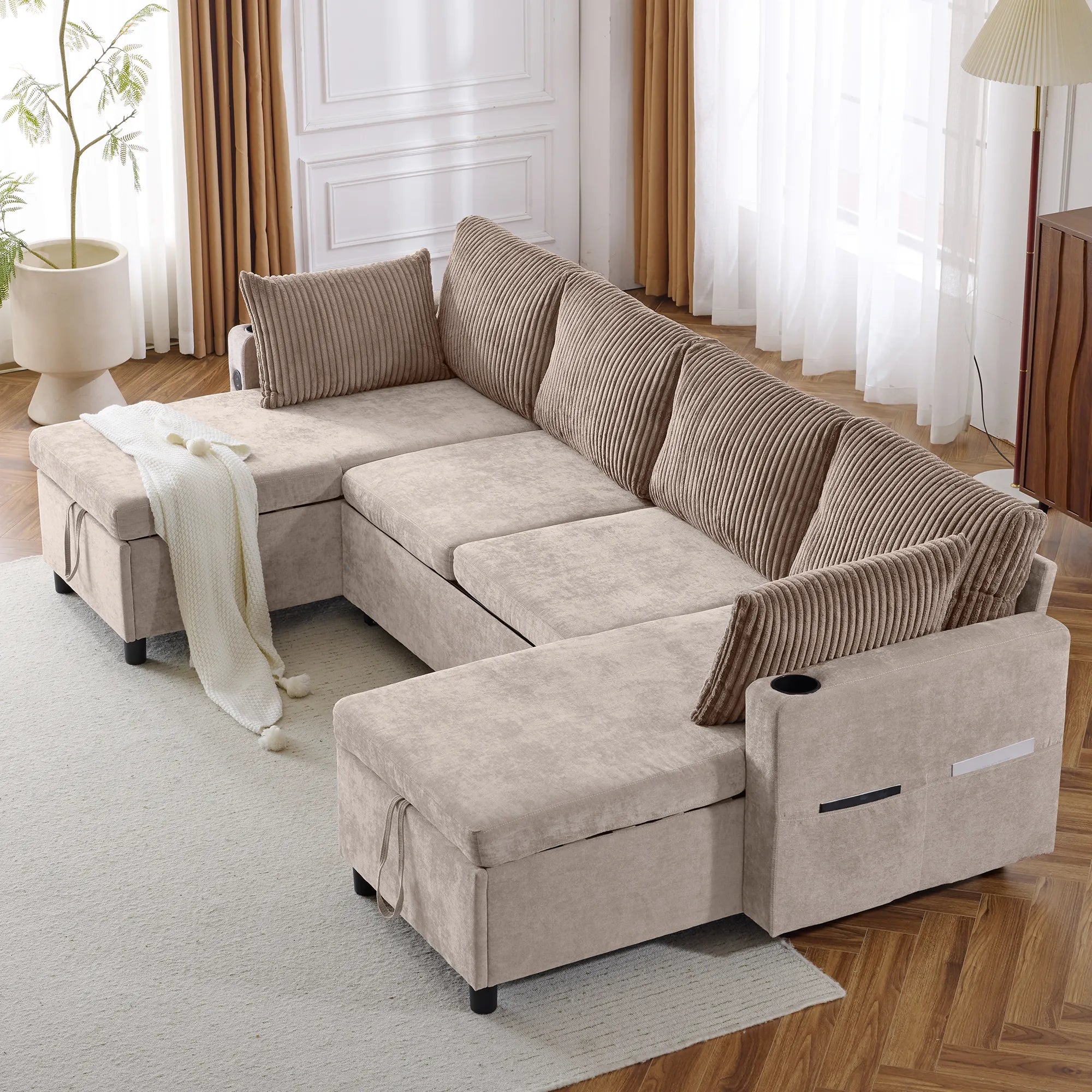 Corduroy Couch with Chaise Sleeper, Sectional Sofa Pull-Out, Brown