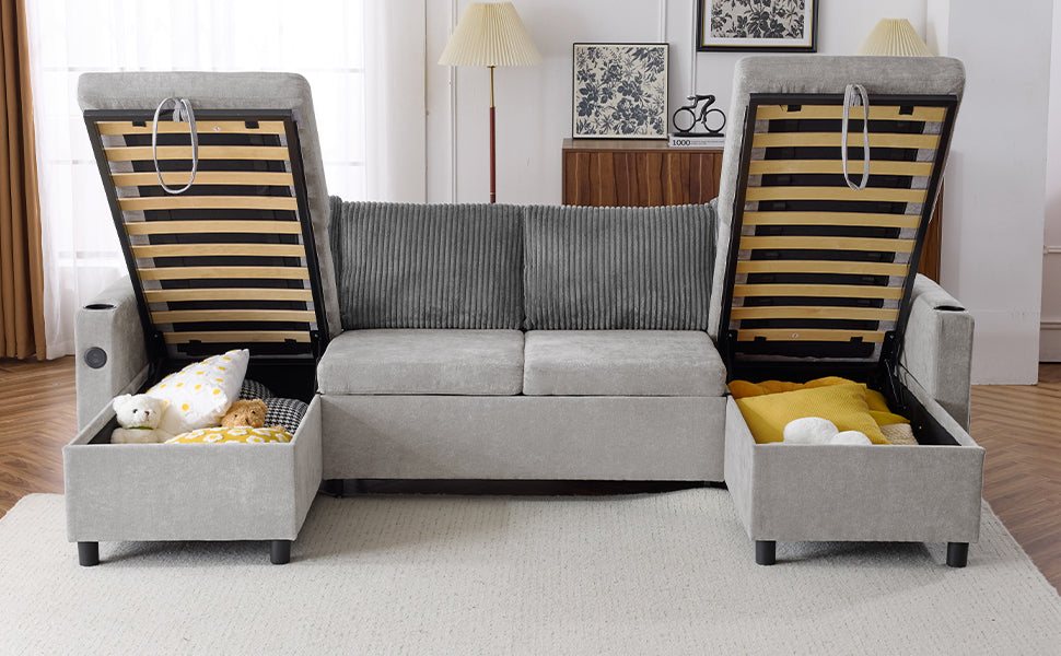 Corduroy Couch with Chaise Sleeper, Sectional Sofa Pull-Out, Grey