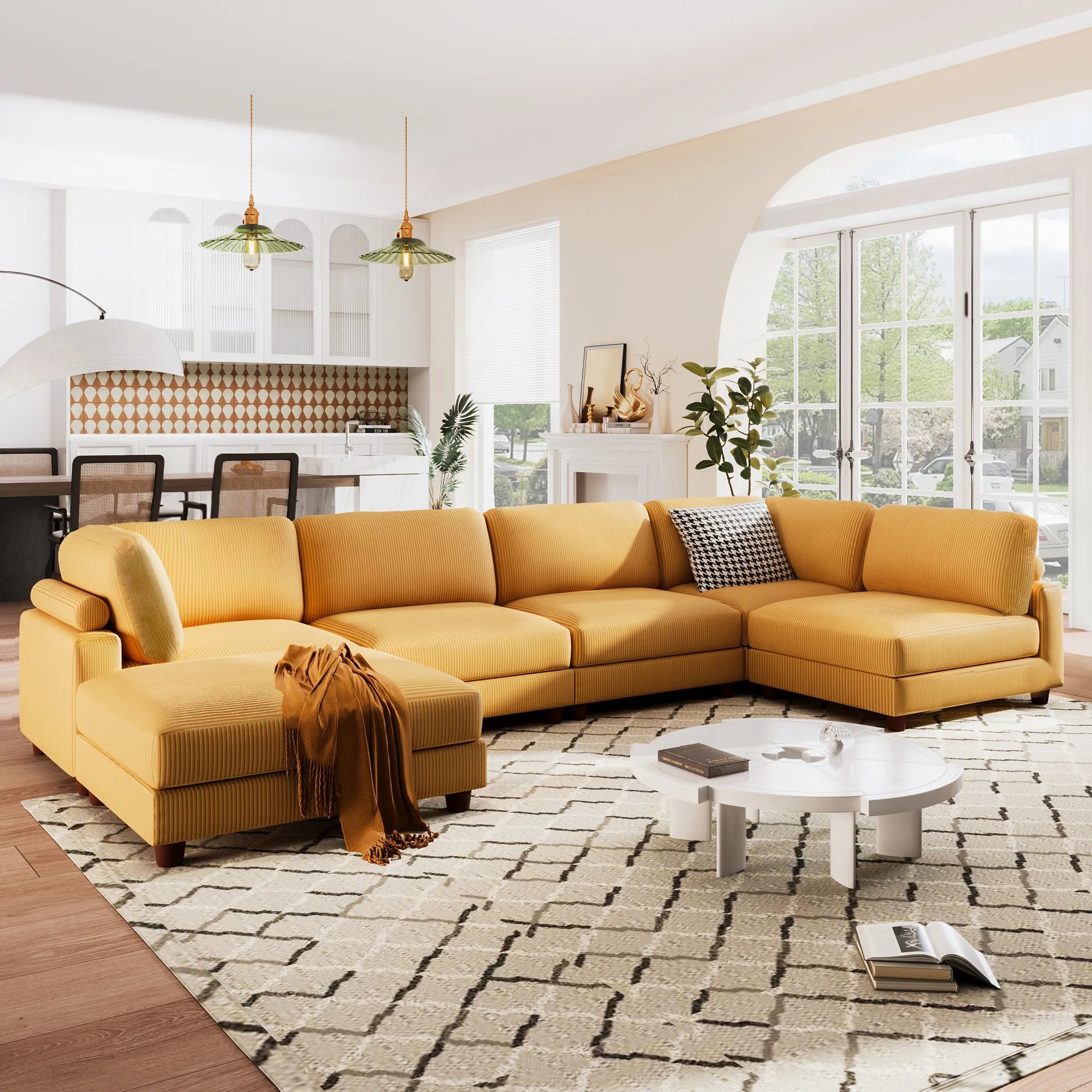 Large U-Shaped Sectional, Corduroy Couch with Ottoman, Yellow