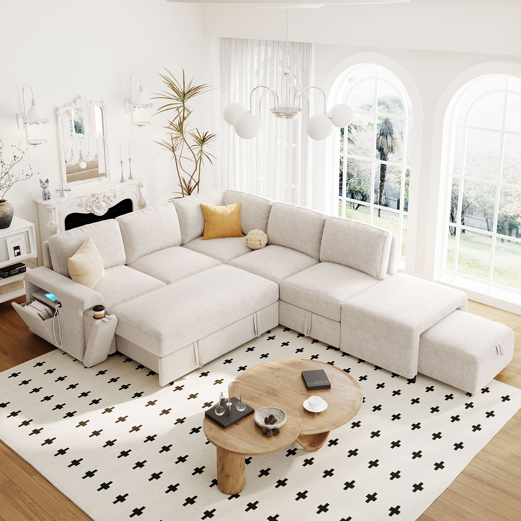 Sleeper Sectional, Sofa L Shape, Couch with Ottoman and Storage, Beige