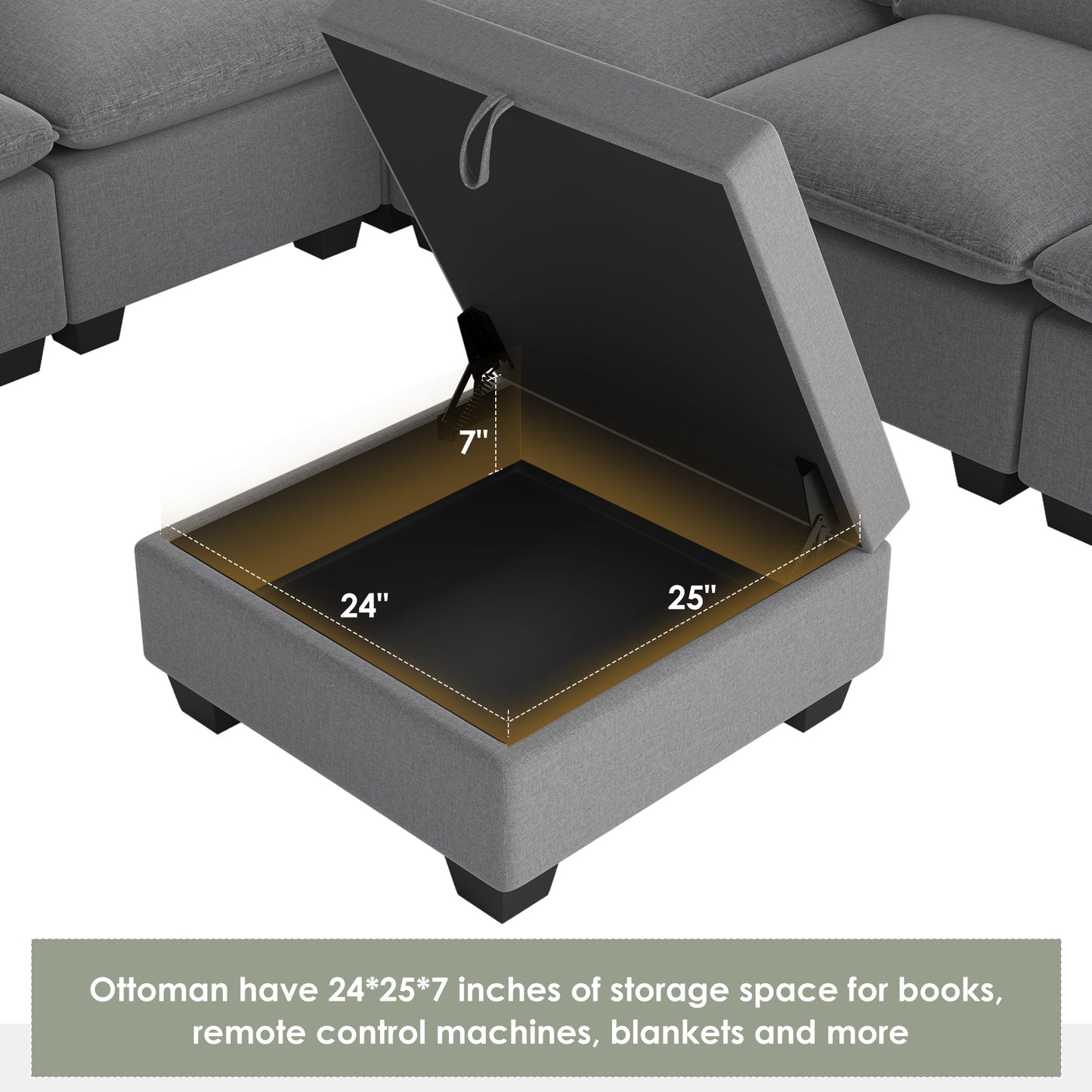 U Shaped Sectional, Modular Sofa with Ottoman and Storage, Gray