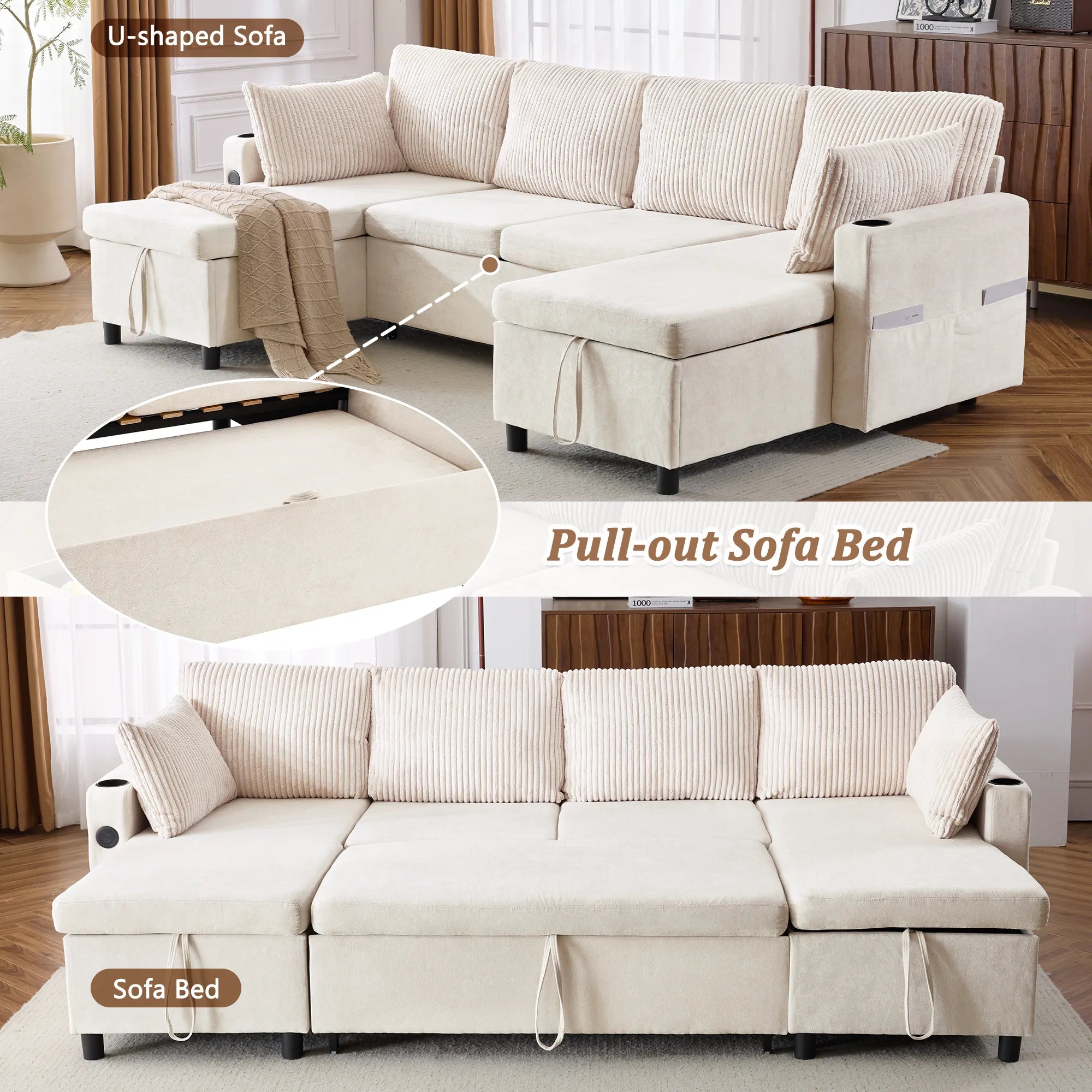 Corduroy Couch with Chaise Sleeper, Sectional Sofa Pull-Out, Beige