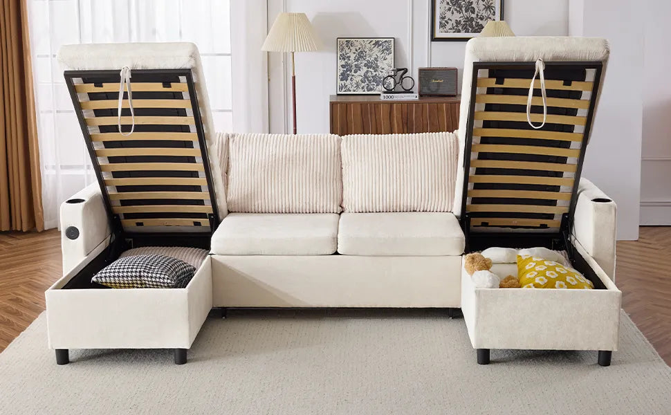 Corduroy Couch with Chaise Sleeper, Sectional Sofa Pull-Out, Beige