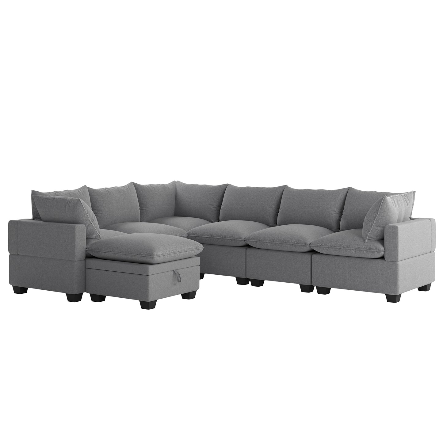 U Shaped Sectional, Modular Sofa with Ottoman and Storage, Gray