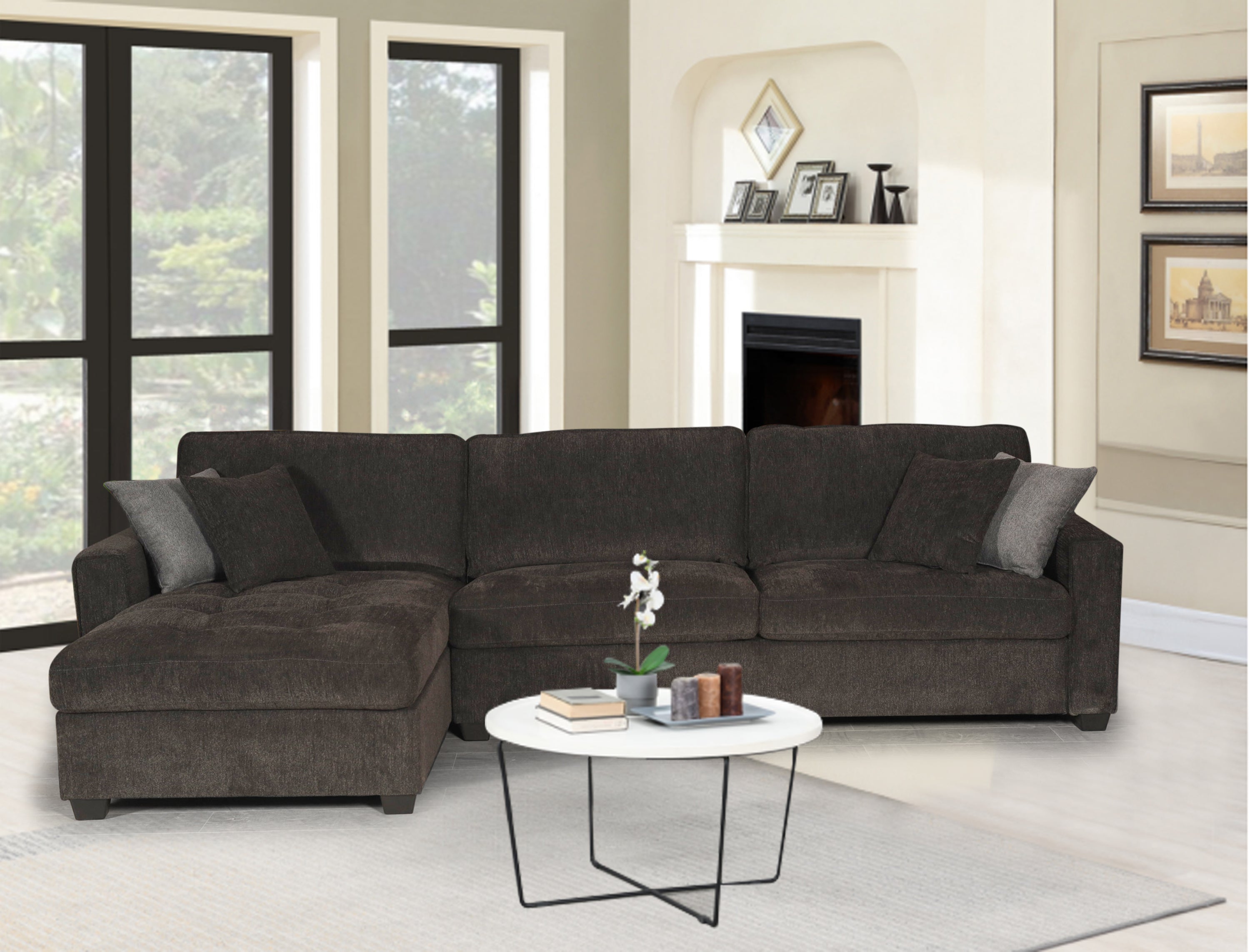 Chenille Sectional Sofa with Reversible Chaise - Tufted, Comfy Couch, Black