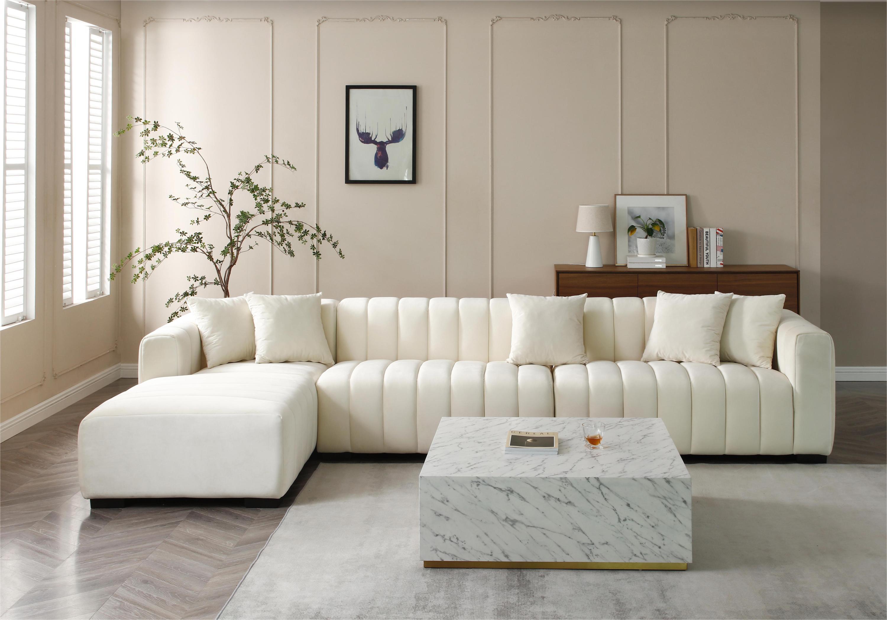 Modern Sofa Sectional, Large Velvet Couch with Left Chaise, Beige