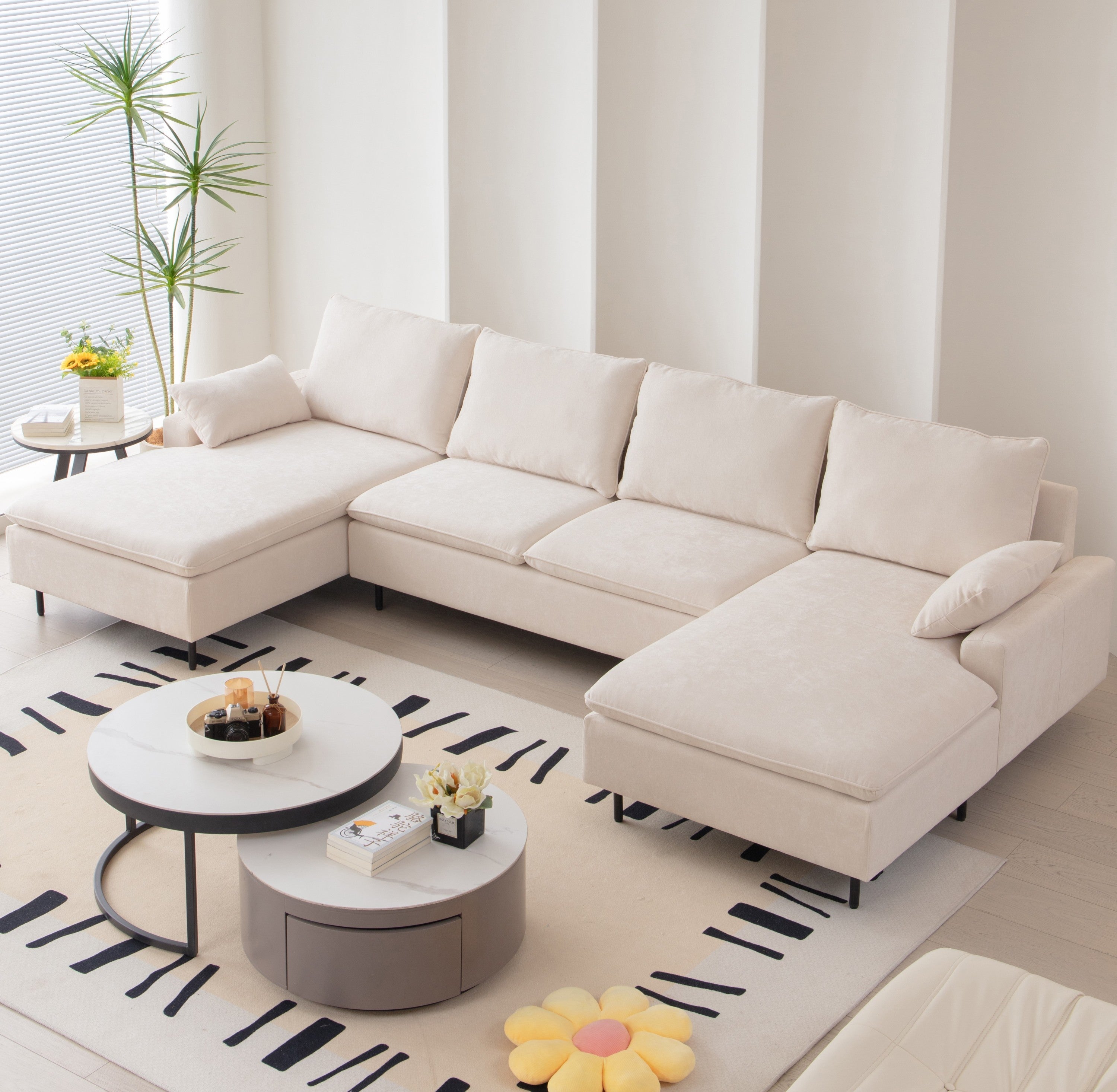 Modern U-Shaped Beige Sectional Sofa, Double Chaise Couch, Beige
