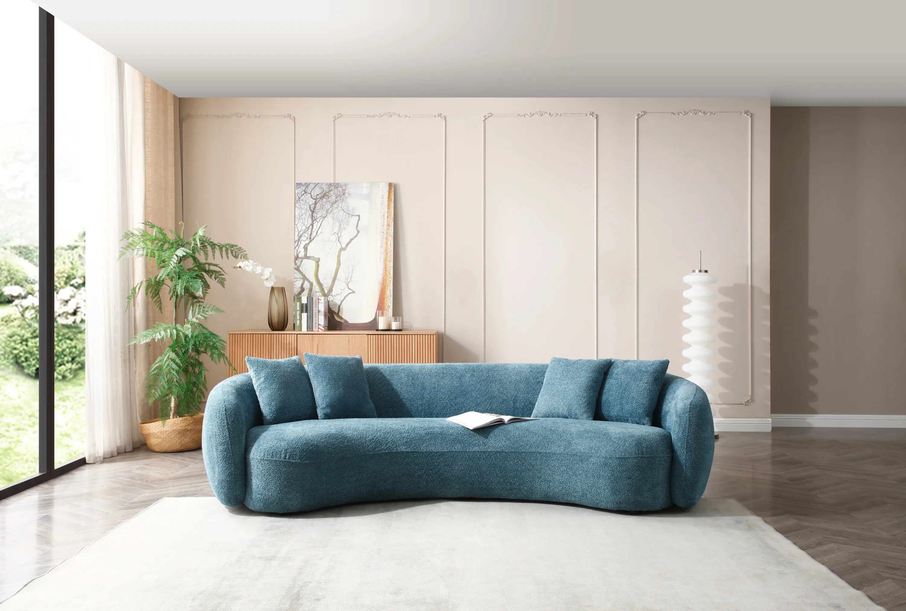 Modern Living Room Couch, Teddy Fleece Curved Sofa - Blue