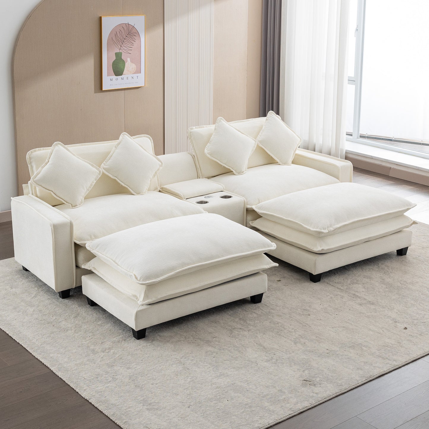 Plush Couch, Deep Seat Couch with Ottomans, Beige