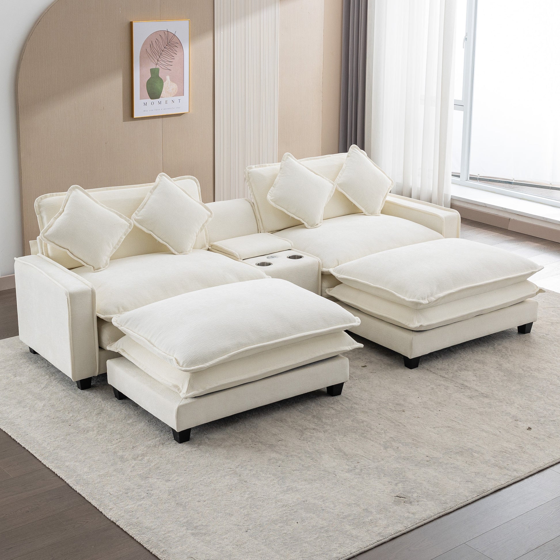 Plush Couch, Deep Seat Couch with Ottomans, Beige