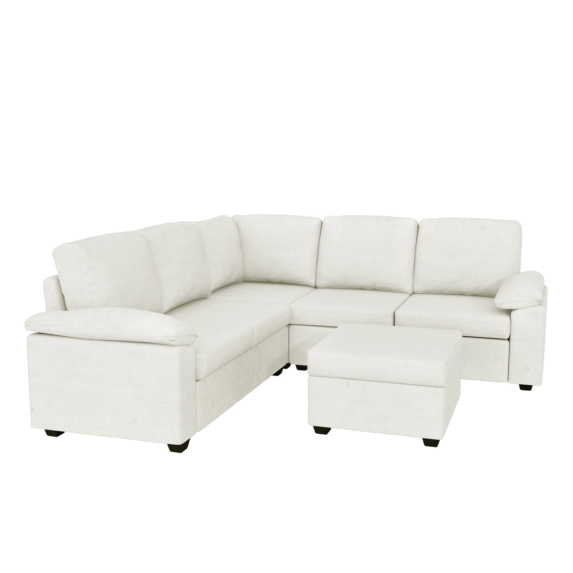 Modern L-Shape Velvet Sectional Sofa, Corner Couch with Ottoman, Beige