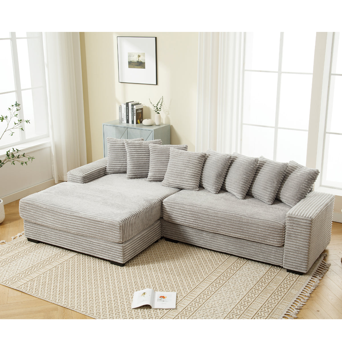 L Shaped Corduroy Couch, Plush Chaise Lounge Sofa, Gray