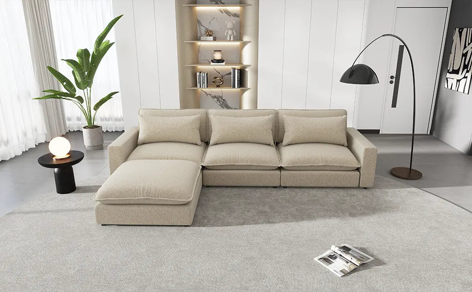 Comfy Sectional Cloud Couch, Chenille Sofa with Ottoman, Beige