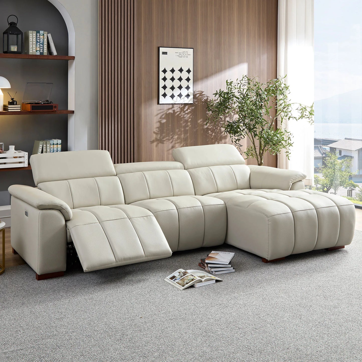 Genuine Leather Recliner Sofa, Modern Couch with Chaise, USB and Adjustable Headrest, Light Grey