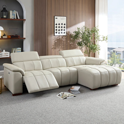 Genuine Leather Recliner Sofa, Modern Couch with Chaise, USB and Adjustable Headrest, Light Grey