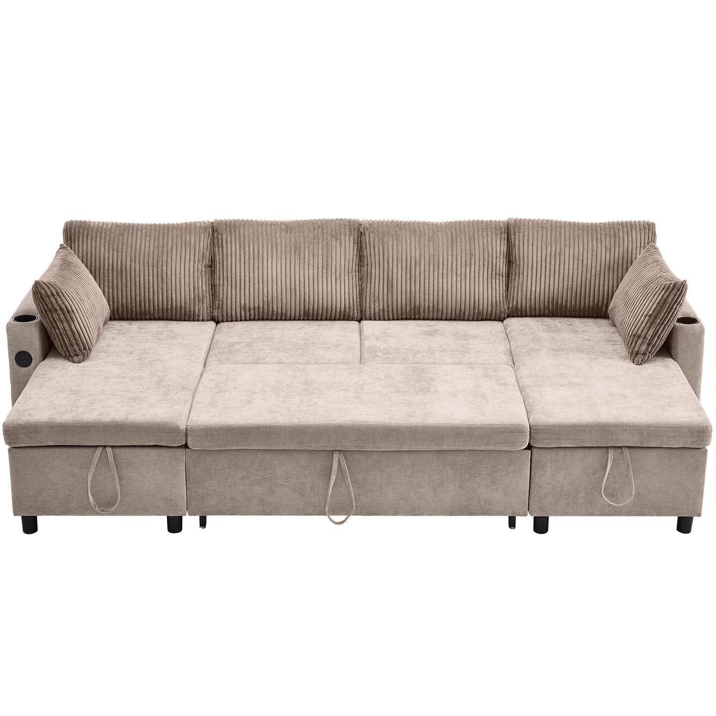 Corduroy Couch with Chaise Sleeper, Sectional Sofa Pull-Out, Brown