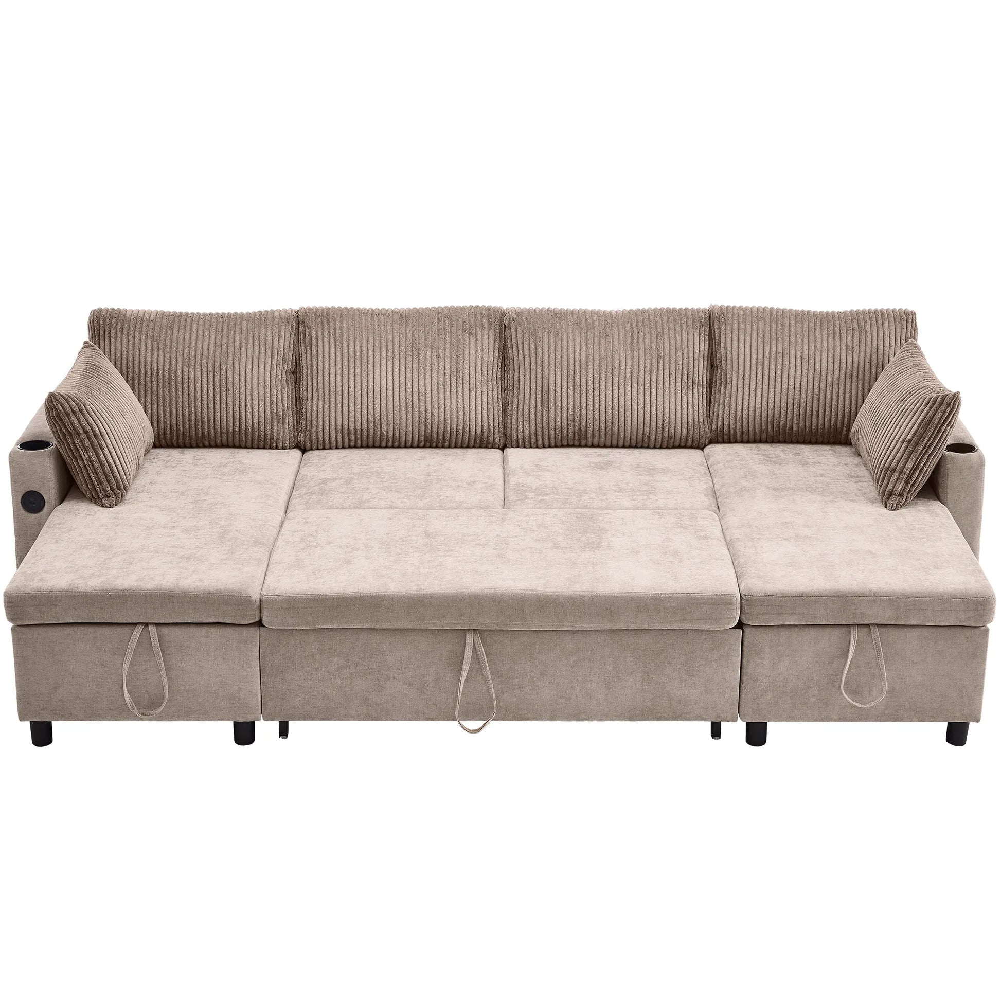 Corduroy Couch with Chaise Sleeper, Sectional Sofa Pull-Out, Brown