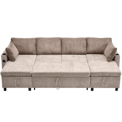 Corduroy Couch with Chaise Sleeper, Sectional Sofa Pull-Out, Brown