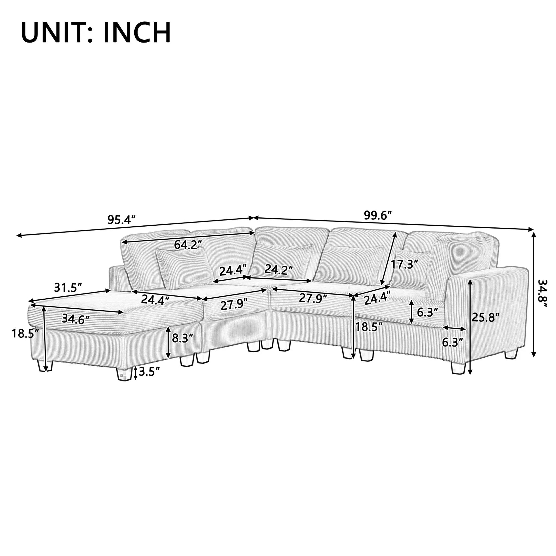 Louie Modular Sectional Sofa, Corduroy Couch with Ottoman - Grey