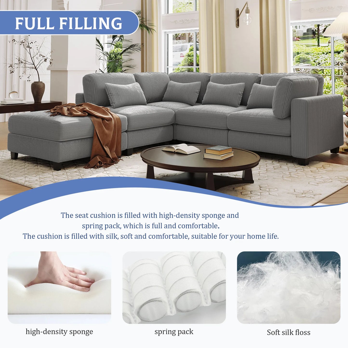 Louie Modular Sectional Sofa, Corduroy Couch with Ottoman - Grey