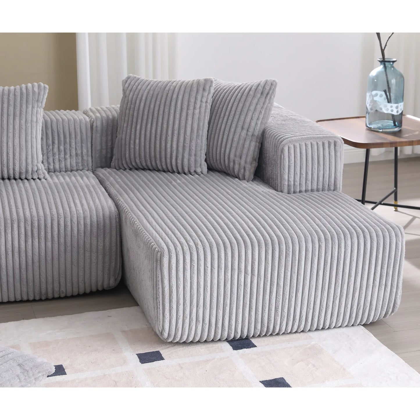 Modular U Shaped Sectional, Corduroy Couch with Double Chaise, Gray