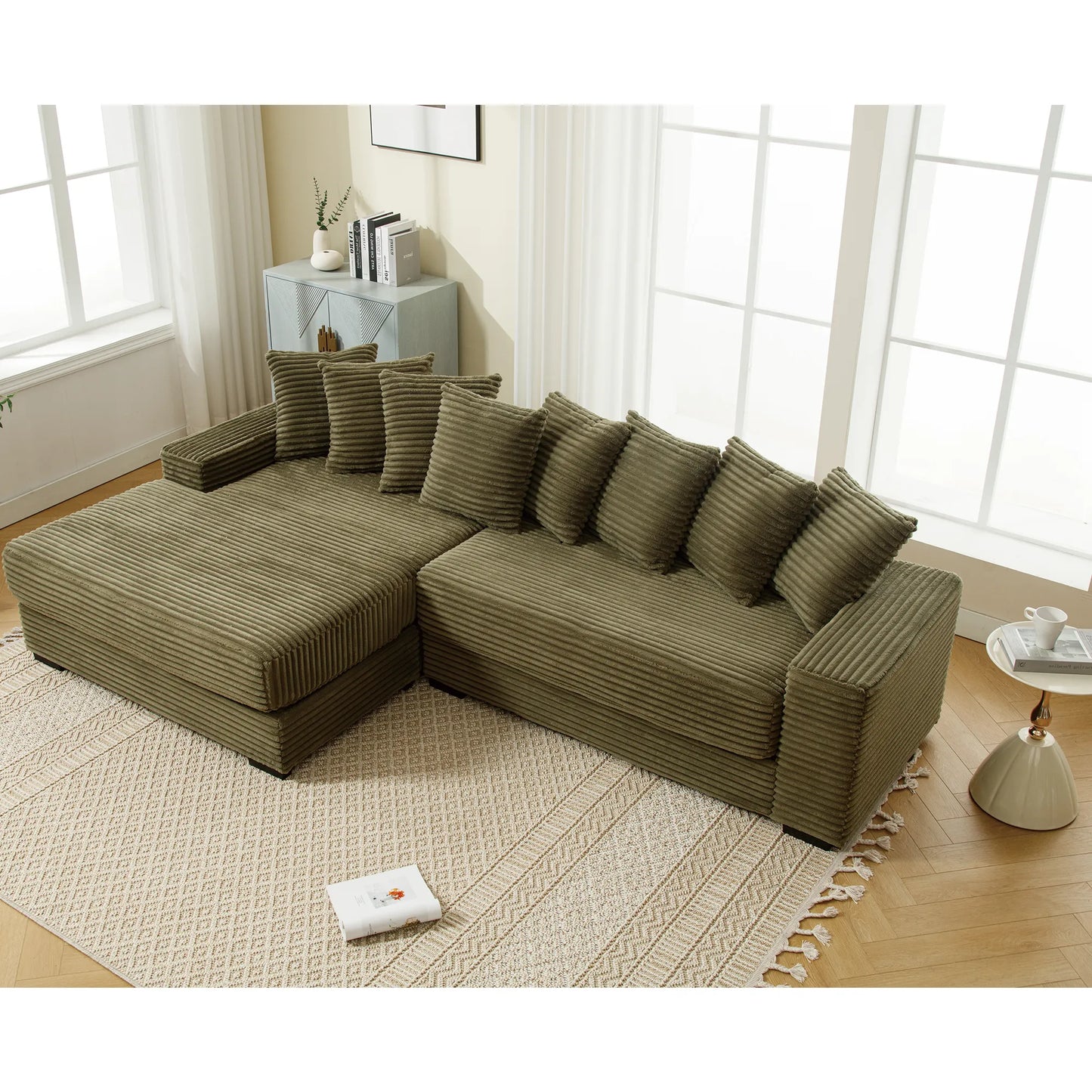 L Shaped Corduroy Couch, Plush Chaise Lounge Sofa, Green