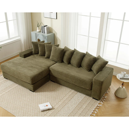 L Shaped Corduroy Couch, Plush Chaise Lounge Sofa, Green