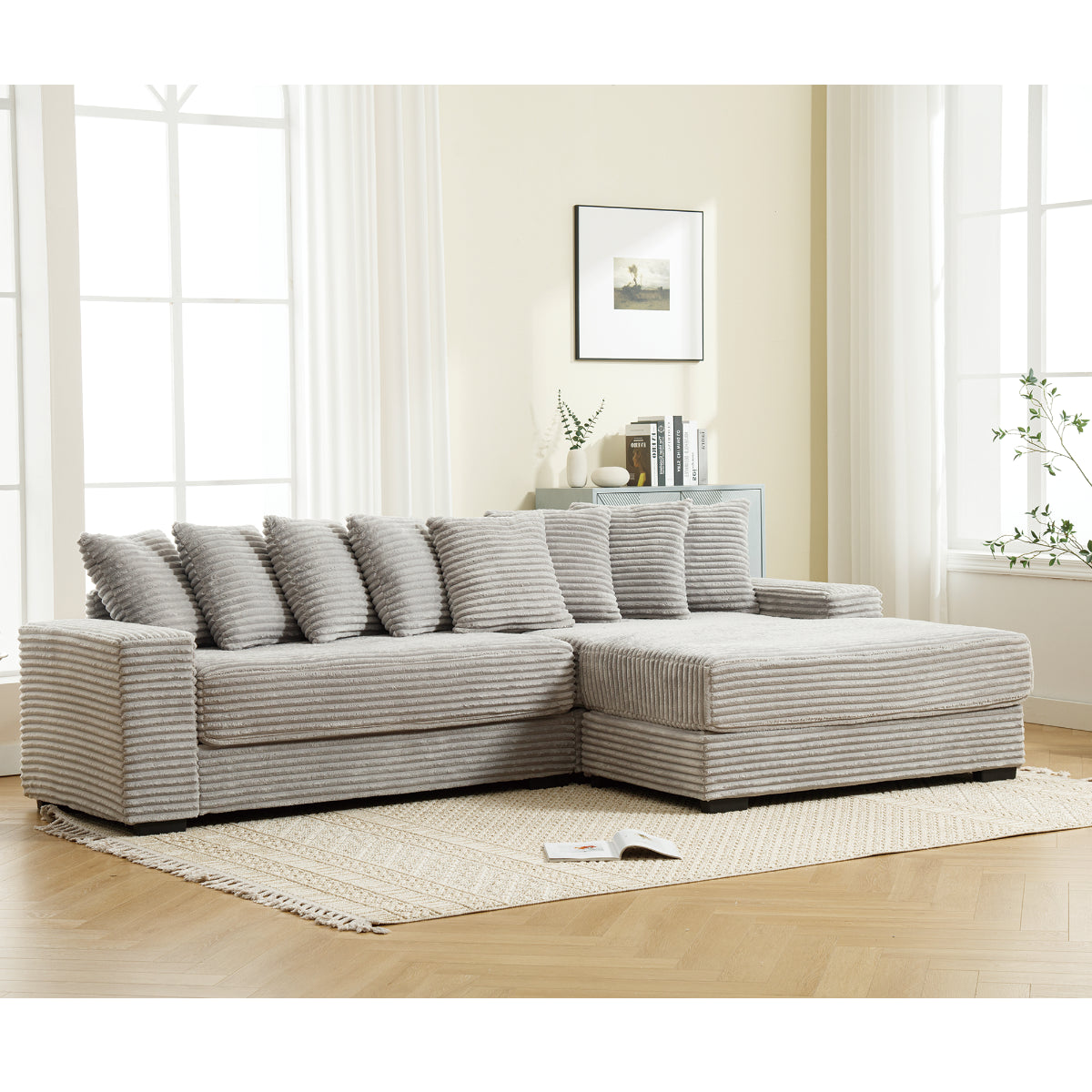 L Shaped Corduroy Couch, Plush Chaise Lounge Sofa, Gray