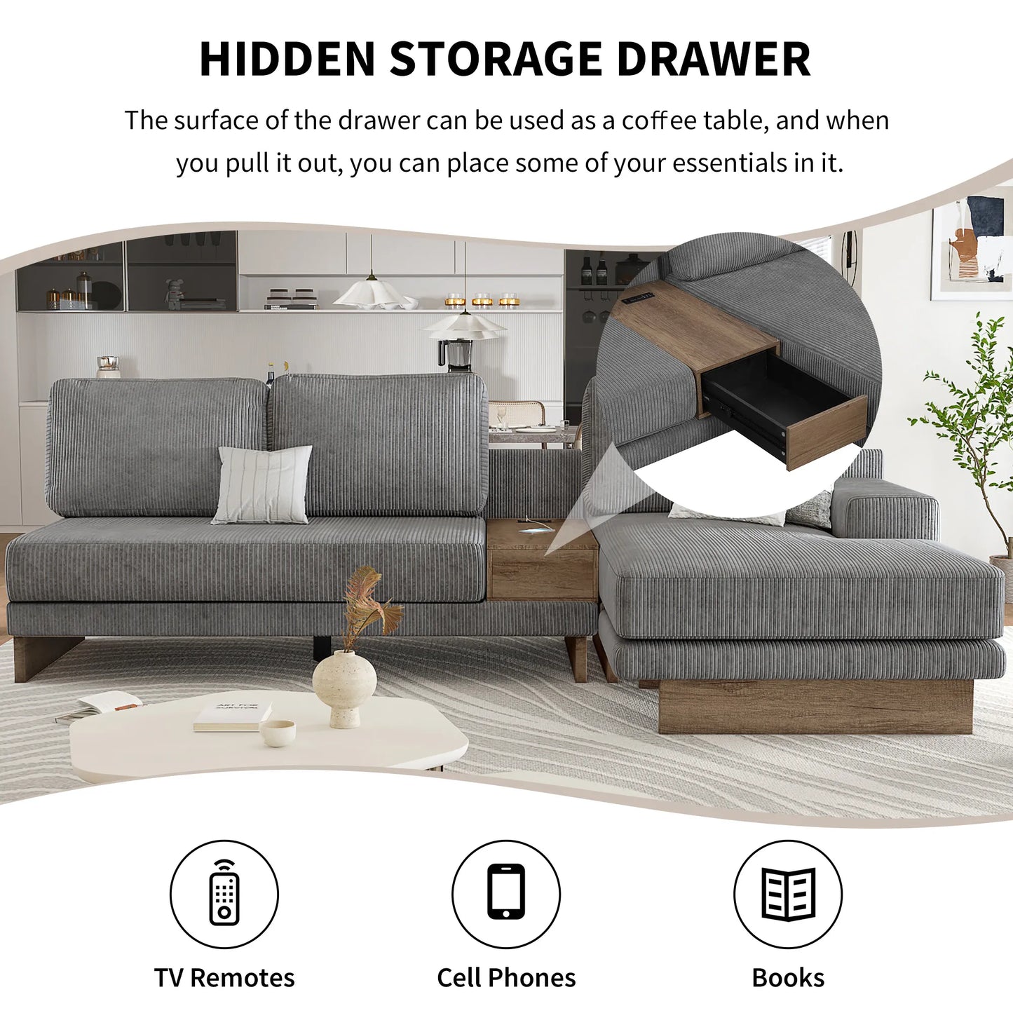 Corduroy Couch, Modern L Shaped Sectional Sofa with Reversible Chaise, Gray