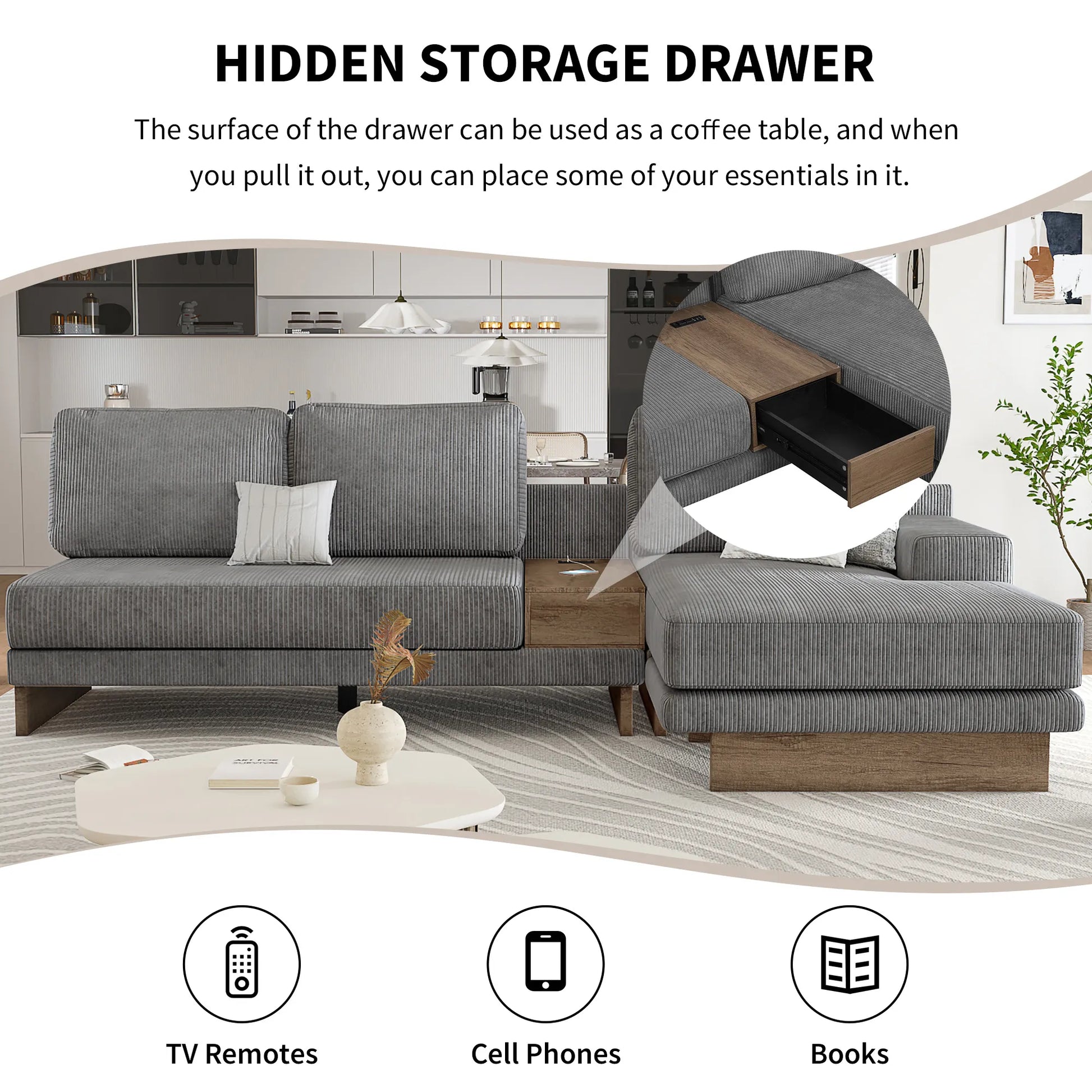Corduroy Couch, Modern L Shaped Sectional Sofa with Reversible Chaise, Gray