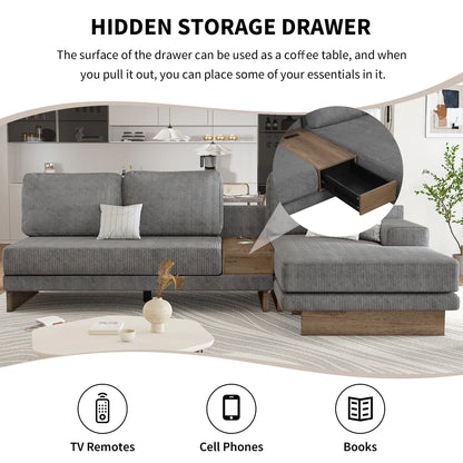 Corduroy Couch, Modern L Shaped Sectional Sofa with Reversible Chaise, Gray