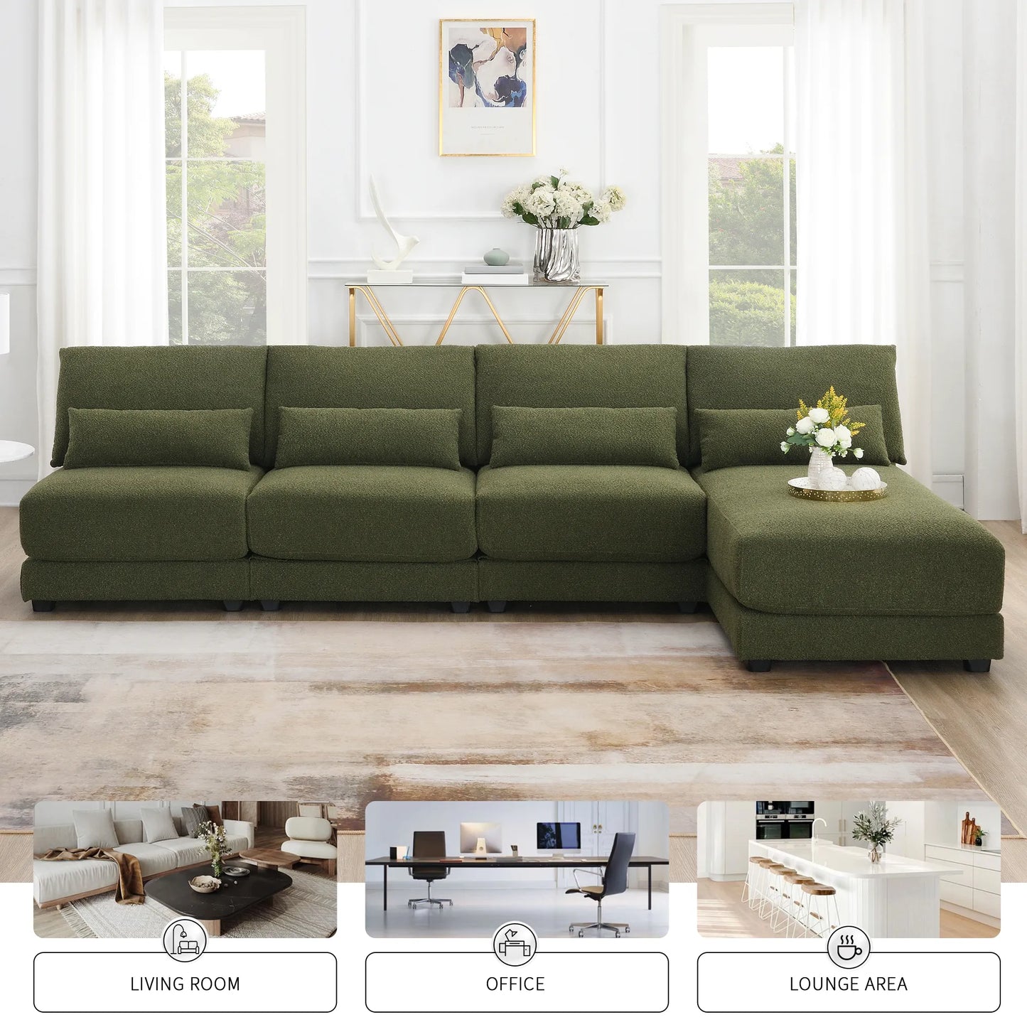 L Shape Couch, Deep Seat Sectional Sofa with Reversible Chaise, Green