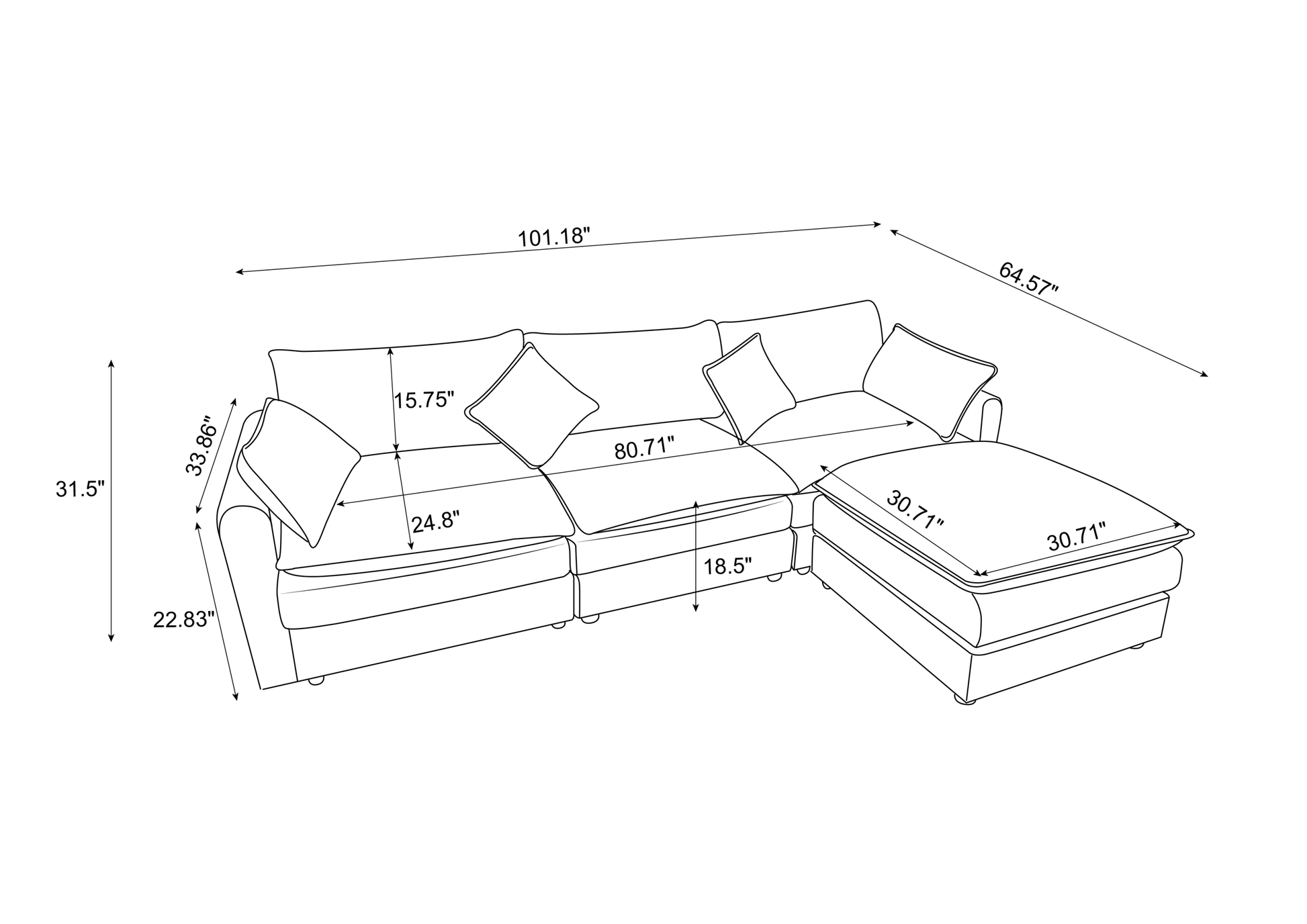 Louie Sofa L Shape, Modular Couch with Ottoman - Beige