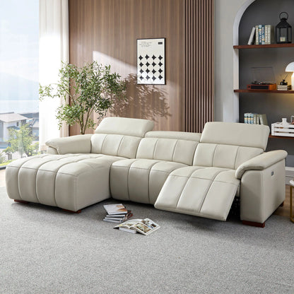 Genuine Leather Recliner Sofa, Modern Couch with Chaise, USB and Adjustable Headrest, Light Grey