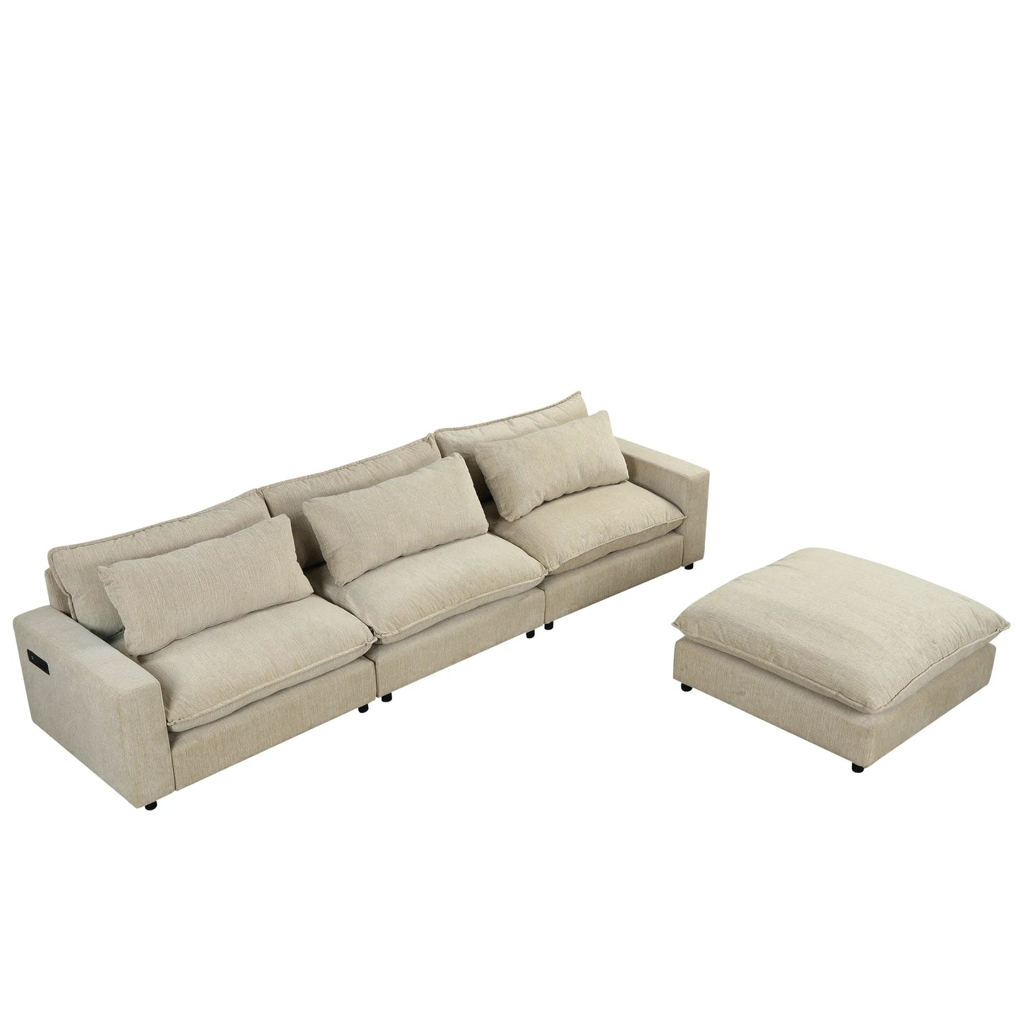 Comfy Sectional Cloud Couch, Chenille Sofa with Ottoman, Beige