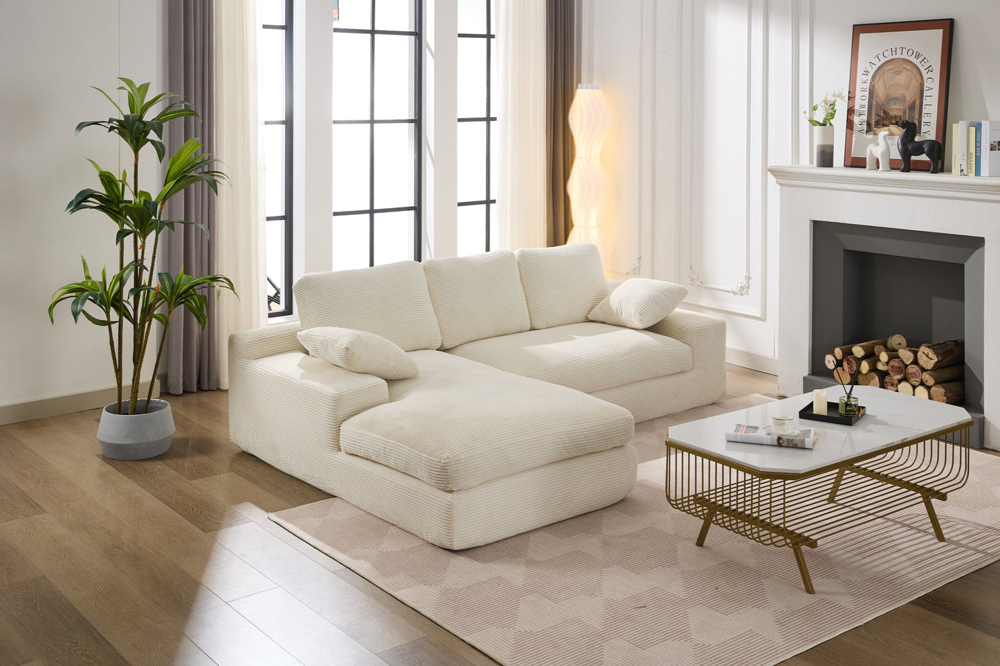 Chaise Lounge Sofa, L Shape Reversible Corduroy Couch Sectional, White