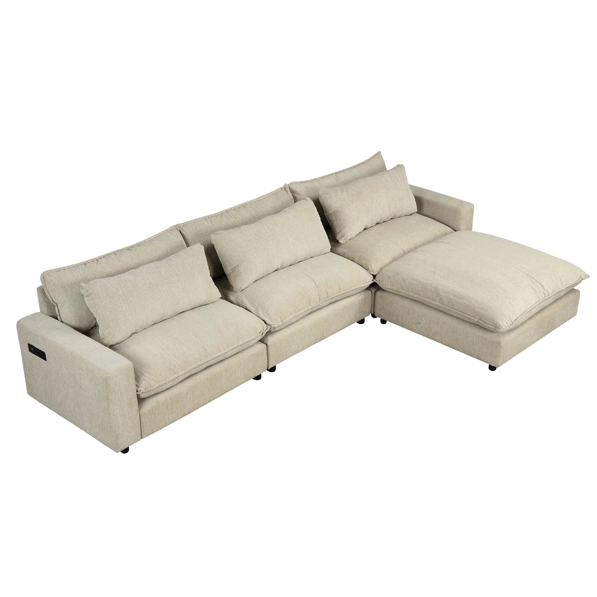 Comfy Sectional Cloud Couch, Chenille Sofa with Ottoman, Beige