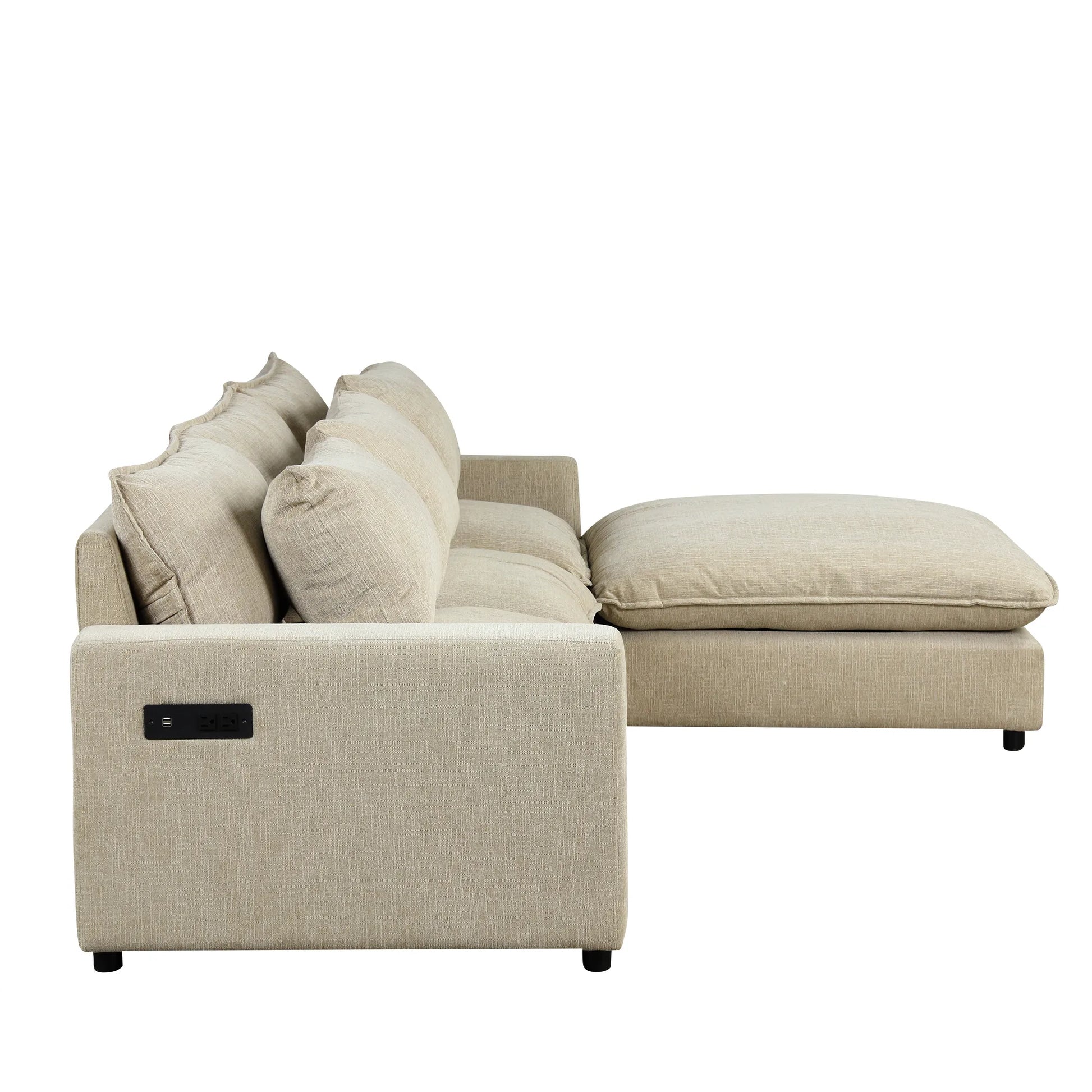 Comfy Sectional Cloud Couch, Chenille Sofa with Ottoman, Beige