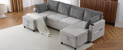 Corduroy Couch with Chaise Sleeper, Sectional Sofa Pull-Out, Grey