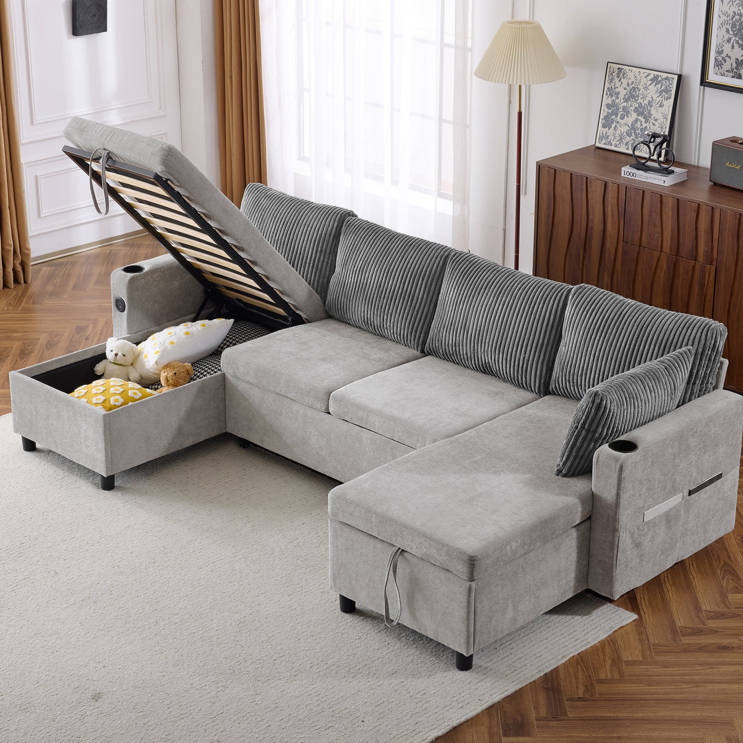 Corduroy Couch with Chaise Sleeper, Sectional Sofa Pull-Out, Grey