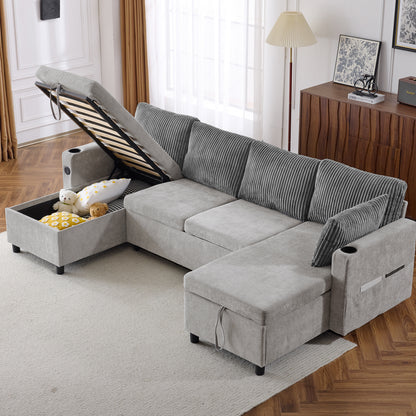 Corduroy Couch with Chaise Sleeper, Sectional Sofa Pull-Out, Grey