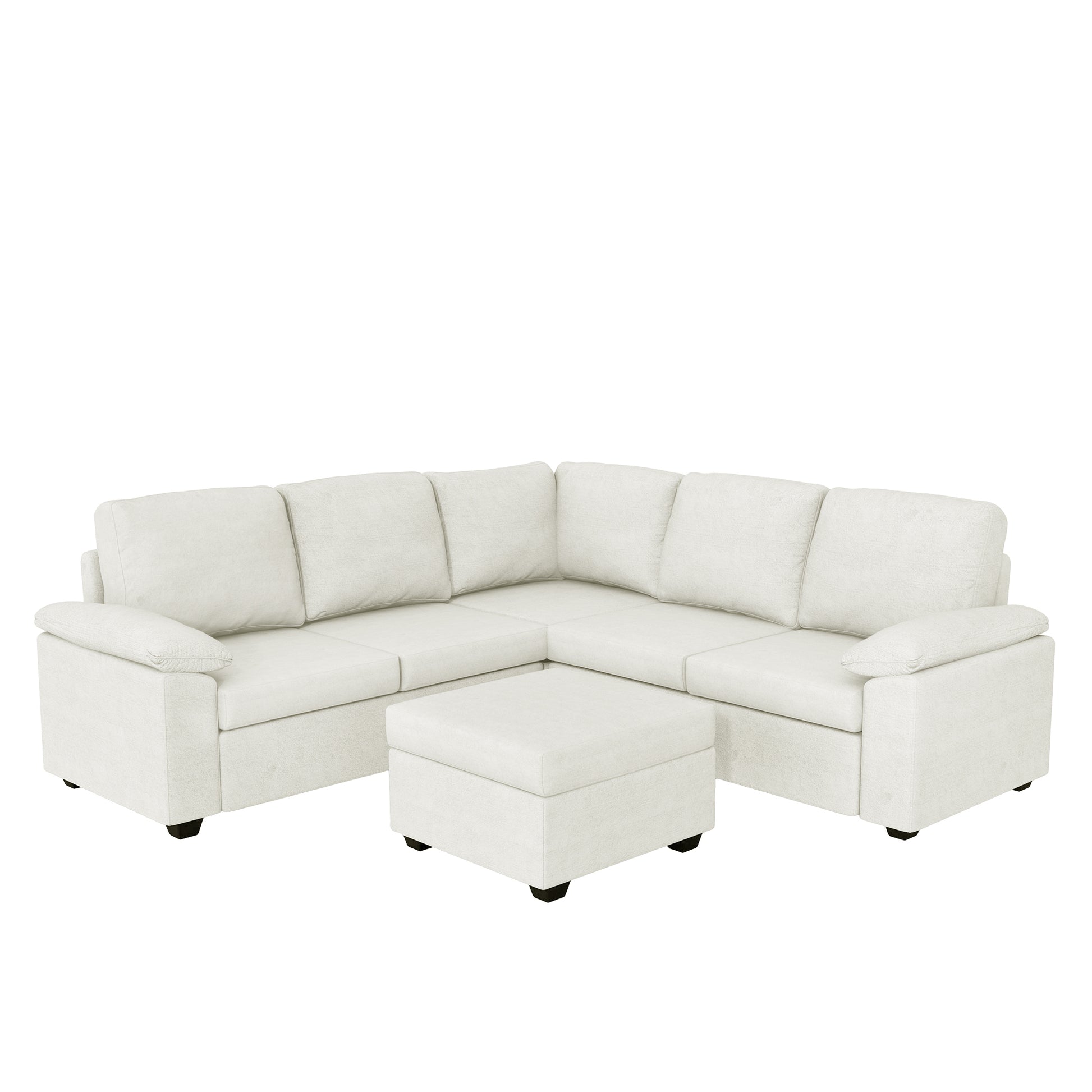 Modern L-Shape Velvet Sectional Sofa, Corner Couch with Ottoman, Beige