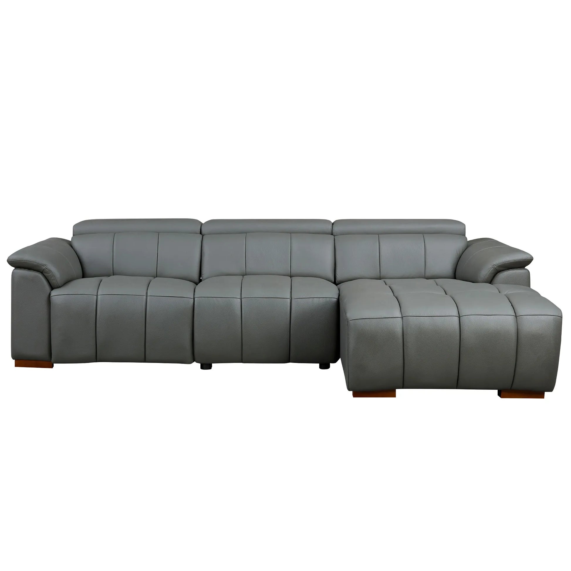 Genuine Leather Recliner Sofa, Modern Couch with Chaise, USB and Adjustable Headrest, Dark Grey