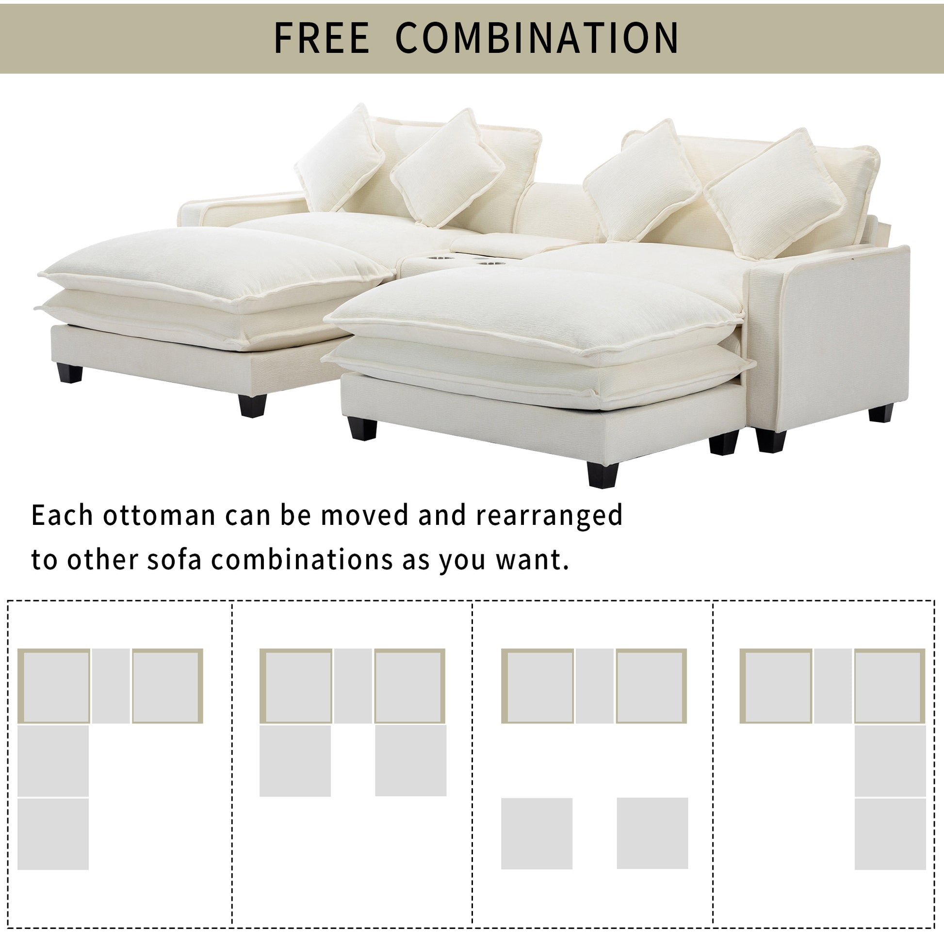 Plush Couch, Deep Seat Couch with Ottomans, Beige